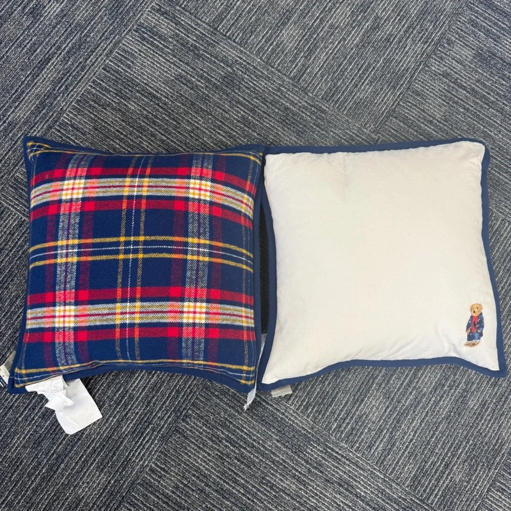 2 Ralph Lauren Polo Bear Plaid Throw Pillows Reversible Navy Blue Tartan 20x20